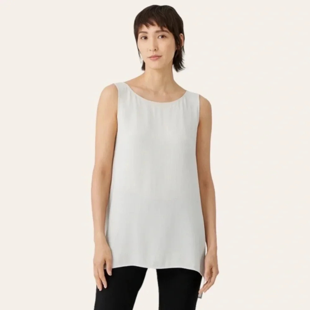 Eileen Fisher Silk Georgette Crepe Bateau Neck Tank